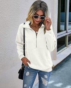 <b>Women's</b> <b>White</b> Zip-Up <b>Hoodie</b> Regular Fit Stand Collar Full Sleeve Knitted Cotton Casual Autumn Sweatshirt - Product Image 1