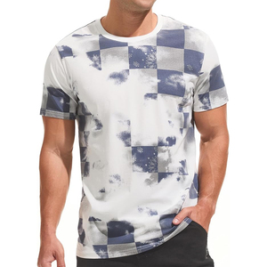White Navy Checker Floral Cloud Washed Sublimation Print Short Sleeve Crew Neck Men T <b>Shirt</b> - Product Image 2