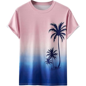 Camiseta de Hombre con Estampado Tropical Ombre, Estilo Urbano de Verano, Cuello Redondo, Manga Corta, Informal, de Algodón - Product Image 2