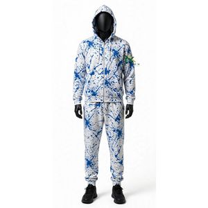Ensemble de survêtement unisexe NEXTEX avec effet éclaboussures de peinture, blanc et bleu, en molleton doux de coton, sweat à capuche et pantalon chauds - Product Image 1