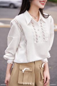 Women's Linen Ivory Lace <b>Patchwork</b> Long Sleeve Blouse Vintage Collared Loose Fit <b>Shirt</b> Elegant Floral Crochet Top KEIRA - Product Image 4