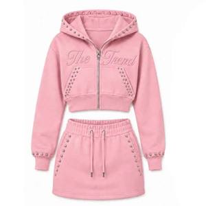 Wholesale Winter Eco-Friendly <b>Pink</b> Hooded <b>Tracksuit</b> Set Women Casual Zipper Front Sweatshirt Rhinestone Details Full Sleeve Knee - Product Image 1