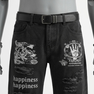 <b>Men's</b> High Waist Straight Leg Distressed Denim <b>Jeans</b> With <b>Print</b> And Ripped Details Loose Fit Streetwear Autumn Style - Product Image 5