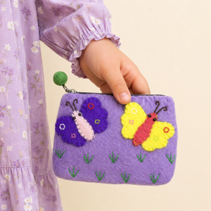Porte-monnaie en feutre brodé papillon lavande pour filles Fermeture à glissière du Népal pour un usage quotidien et petits essentiels - Product Image 2