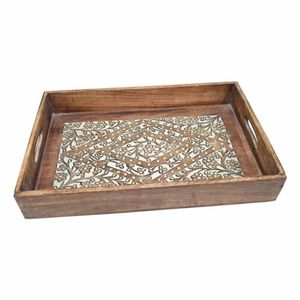 Hand Carved Mango Wood Serving Tray Set with Handles Bohemian Nesting Wooden Trays for Coffee Table Food <b>Decorative</b> Farmhouse - Product Image 3