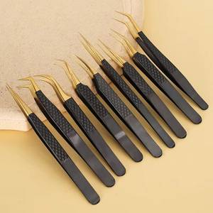 Pince à épiler Morje en acier inoxydable chirurgical avec manche noir et dents dorées, droite, courbée, angulaire et lisse pour cils - Product Image 2