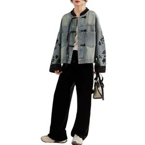 Chaqueta vaquera con cuello mandarín y cadena con cuentas de diamantes estampados para mujer, cárdigan de vaquero de invierno transpirable ecológico - Product Image 3