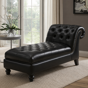 Chaise Longue de Cuero Tradicional de Lujo, Diseño Acolchado, Sillón Reclinable Tapizado Cómodo para Sala de Estar, Hotel, Dormitorio, Villa - Product Image 1