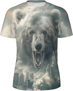 T-shirt à manches courtes pour homme, col rond, imprimé graphique tête d'ours Cloud City, coupe ample, style streetwear décontracté, 100% coton tricoté - Product Image 1
