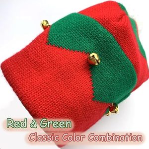 Unisex Knitted <b>Elf</b> <b>Hat</b> Red Green Color Blocking With Bells And Pom Pom Winter Party Beanie <b>Adult</b> Size 56-58CM - Product Image 5