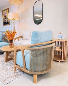 Luxury Teak Wood Living Room <b>Sofa</b> Set with Upholstered Lounge Chairs and Round Coffee <b>Table</b> for Hotel Villa - Product Image 4