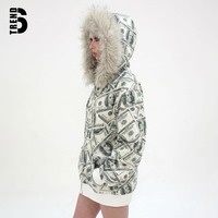 Sudadera con capucha premium personalizada para hombre, de 450 g/m², con estampado de billetes y cremallera – Capucha de piel sintética de lujo y gráfico integral de billetes de dólar