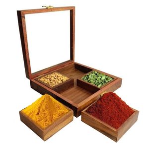 Caja de especias hexagonal de madera hecha a mano con cuencos de latón - Contenedor de especias indio de 7 compartimentos, bandeja para especias para decoración de cocina - Product Image 6