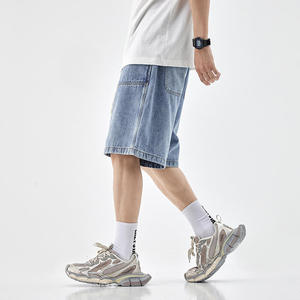 <b>mens</b> relaxed fit denim shorts oversized cargo shorts light blue wash vintage elastic waist white drawstrings worker style - Product Image 2
