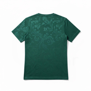 T-shirt à manches courtes pour homme, vert foncé, motif floral gaufré, col rond, coupe classique, tissu tissé décontracté - Product Image 1