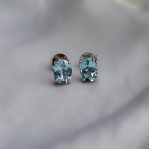 Genuine Sky Blue Topaz Oval Halo 6mm <b>Silver</b> <b>Stud</b> Earrings Elegant Gemstone Jewelry December Birthstone Gift For Women - Product Image 6