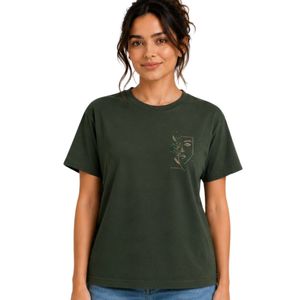 เสื้อยืดคอกลมสีเขียวป่าพิมพ์ลายกราฟิกใบหน้าแบบมินิมอลสำหรับผู้หญิง สวมใส่สบาย ระบายอากาศได้ดี เหมาะสำหรับฤดูร้อน รับผลิตตามสั่ง (OEM) - Product Image 1