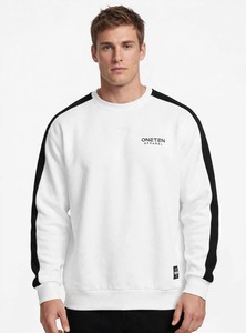 ONETEN APPAREL เสื้อสเวตเชิ้ตคอกลมสีขาวสำหรับผู้ชาย ลายแถบสีดำ สปอร์ต พูลโอเวอร์ - Product Image 1
