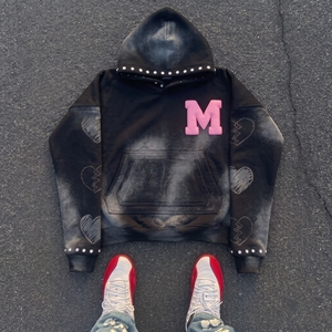 <b>Red</b> Unisex Hoodie Sun Faded Puff Print logo Rhinestone Trim Oversized Streetwear <b>Sweatshirt</b> - Product Image 6