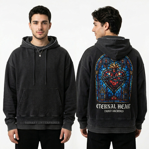 Sudadera con capucha gris mineral personalizada para hombre, con estampado gráfico de corazón y llama en la espalda, estilo streetwear, forro polar grueso, proveedor de sudaderas con capucha. - Product Image 4