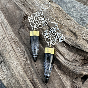 Wholesale Handcrafted 925 Sterling Silver <b>Black</b> Botswana Agate <b>Dangle</b> <b>Earrings</b> Two Tone Mixed Metal Spike Drop <b>Earrings</b> - Product Image 5