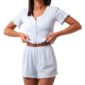 Haut à manches courtes pour femmes couleur creuse col rond bouton maison vêtements été 2026 - Product Image 4