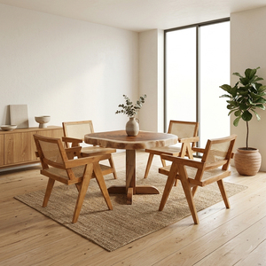 Solid Suar Wood Elegant Rustic Wholesale Solara <b>Live</b> <b>Edge</b> Cafe <b>Table</b> Teak Chair Set Furniture with Rattan Seat Backrest Design - Product Image 4