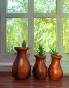 Indoor Modern Handmade Wooden Floor <b>Vase</b> <b>Set</b> <b>3</b>-Piece Solid Wood Natural Finish Flower Pot - Product Image 2