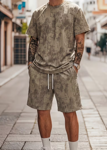 ชุดเสื้อยืดและกางเกงขาสั้นถักสำหรับผู้ชาย ลายพิมพ์ คอกลม สไตล์ลำลอง ชุดสองชิ้น - Product Image 6