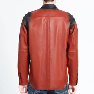 SALVA LEATHER Men's <b>Red</b> Leather Satin Breathable Workwear <b>Shirt</b> Long Sleeve Button-Up Turn-Down Collar Chest Pockets Regular Fit - Product Image 3