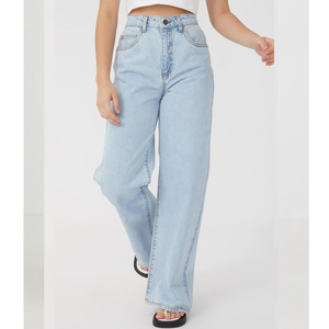 High Waist Wide Leg Plus Size Women's <b>Jeans</b> Full Length Light Washed Denim Casual Style <b>Button</b> <b>Fly</b> Solid Color Cotton - Product Image 2