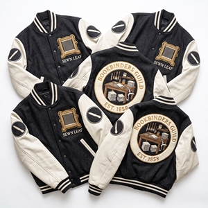 Blouson universitaire personnalisé OEM en laine avec manches en cuir, broderie de patch en forme de feuille cousu, style charbon de bois, pour les artisans de la profession. - Product Image 1