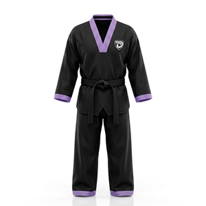 Uniforme de Taekwondo noir unisexe, respirant, vêtements d'arts martiaux avec bordure violette et logo pour l'entraînement - Product Image 1
