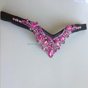 Chaîne décorative de style collier de grands cristaux floraux personnalisés Bande de front de cheval en cuir de qualité supérieure noire pour bride - Product Image 4