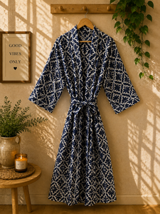 Vente en gros de robes kimono en coton pour femmes |   Col en V imprimé floral avec fermeture à cordon |   Manches 3/4, longueur cheville, respirant, été - Product Image 3