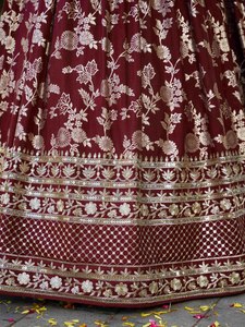 Burgundy Embroidered <b>Lehenga</b> Set Wedding Dress Two Piece Floral Border Dupatta Banarasi Style Bride Outfit - Product Image 5