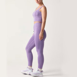 Conjunto de Yoga Morado: Top Corto Racerback y Leggings de Cintura Alta, Dos Piezas, Spandex Poliéster, Elástico en Cuatro Direcciones, Sin Costuras - Product Image 4