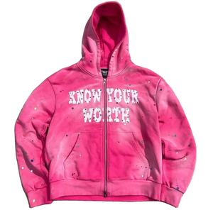 Personalizado de los hombres de peso pesado de algodón Zip Hoodie Sunfaded ácido lavado francés Terry Streetwear Rhinestone Zip Boxy Fit sudaderas con capucha de gran tamaño - Product Image 2