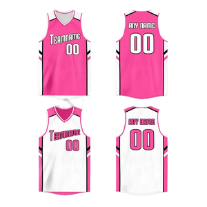 Camiseta de Baloncesto Personalizada Rosa y Blanca, Cuello en V, Sin Mangas, Nombre del Equipo y Número Sublimados, Poliéster Transpirable, Ropa Deportiva Unisex para Adultos - Product Image 1