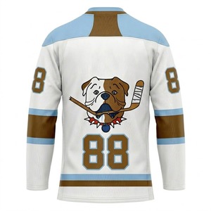 Maillot de football américain personnalisé imprimé par sublimation avec logo de chien, blanc, marron, bleu, col en V, manches longues, respirant, 100 % polyester - Product Image 4