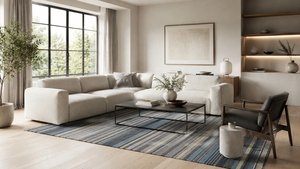 Custom Handwoven Navy Blue <b>Grey</b> Striped Flatweave Area <b>Rug</b> with Fringe for Hotel Villa Living Room - Product Image 6