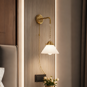Modern Brass Finish Hanging Wall Pendant <b>Light</b> with Pleated Glass Lampshade <b>LED</b> Swing Wall Lamp <b>for</b> Hotel Bedroom Corridor <b>Room</b> - Product Image 1