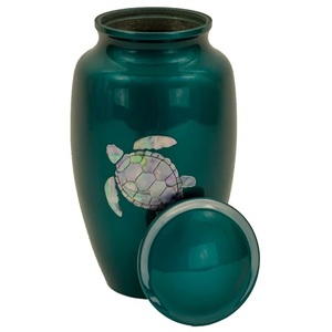 <b>Teal</b> Metal Memorial Urn with Turtle Inlay Artwork Dome Lid Keepsake Ashes Container for Funeral Remembrance Decor - Product Image 2