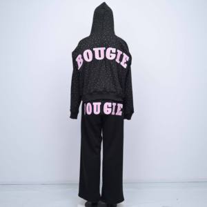 Ensemble survêtement homme taille haute imprimé intégral avec strass, sweat à capuche court et pantalon de survêtement évasé 500 GSM, vente en gros - Product Image 6