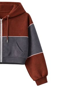 Women Rust Brown And Charcoal Grey Color Block Crop Zip Hoodie <b>Shorts</b> Set With Cargo Pockets Casual Two Piece Outfit Wholesale - Product Image 3