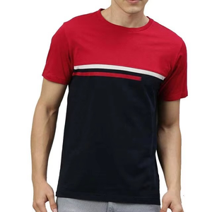 T-shirt Homme Rouge et Bleu Marine à Blocs de Couleurs avec Bande Latérale sur la Poitrine, Conception OEM Personnalisée, Vêtement de Sport Décontracté, T-shirt Athlétique Respirant pour l'Été - Product Image 1