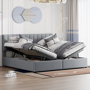 Letto matrimoniale imbottito grigio con sistema di stoccaggio idraulico - Product Image 1