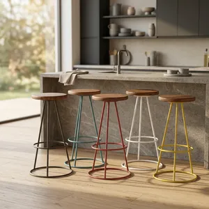 Tabouret de bar moderne scandinave avec assise en bois et structure métallique bleue, tabouret de comptoir durable - Product Image 4