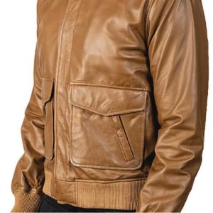 Chaqueta de aviador de cuero camel para hombre, abrigo de piel de oveja auténtica con cierre de cremallera y solapa con botones, camisa elegante - Product Image 4