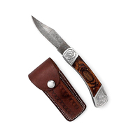 Couteau pliant à lame droite en acier Damas 15 cm, pointe clip, manche en bois, étui en cuir gravé, pour poche, extérieur, camping, chasse